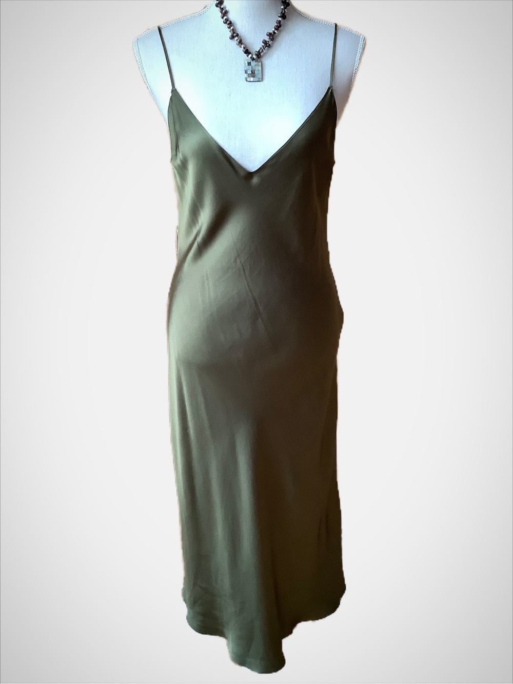 DANNIJO Olive Green 100% Silk Bias Cut Slip Dress L